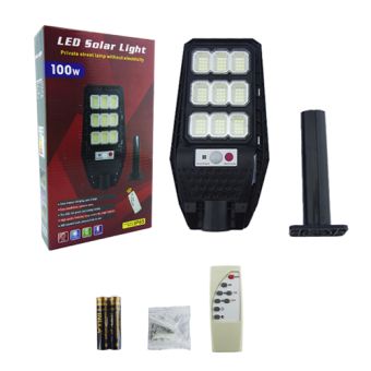 FOCO CON BRAZO SOLAR 100W 108 LED PVC 9 PLACAS CON CONTROL SENSOR M:28 X 14 CM