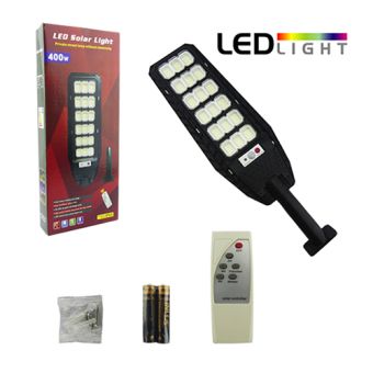 FOCO CON BRAZO SOLAR 400W 216 LED PVC 18 PLACAS CON CONTROL SENSOR MEDIDAS 43 X 15 CM