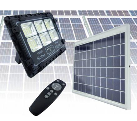 PROYECTOR SOLAR LED 100 WATT, CON PANEL 144 LED, 6 PLACAS, CONTROL REMOTO.