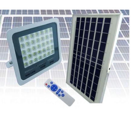PROYECTOR SOLAR LED 100 WATT, 140 LED C. REMOTO EN METAL E INDICADOR DE CARGA