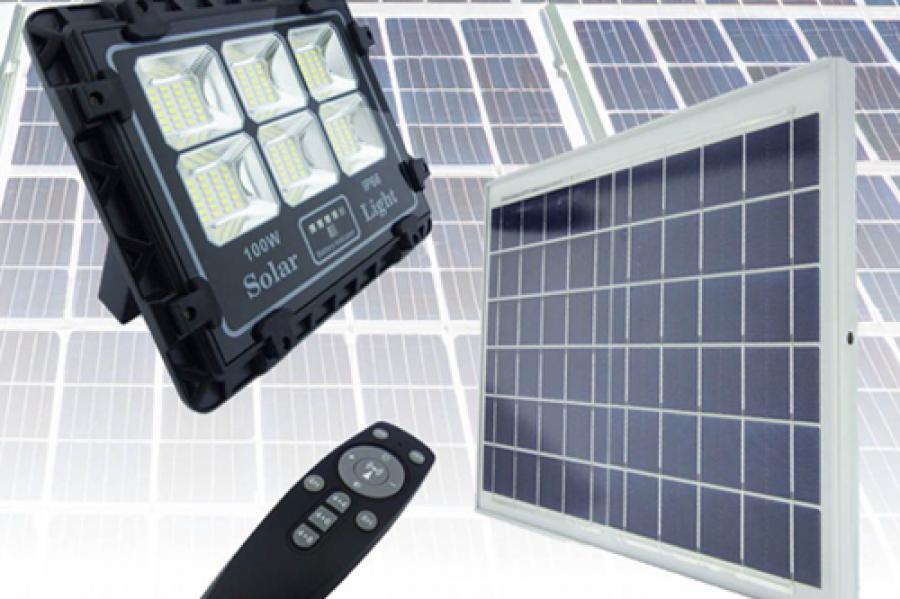 PROYECTOR SOLAR LED 100 WATT, CON PANEL 144 LED, 6 PLACAS, CONTROL REMOTO.