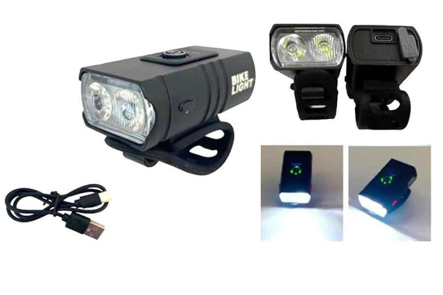LUZ BICI DELANTERA 2 LED RECARGABLE USB METALICA 5 FUNCIONES