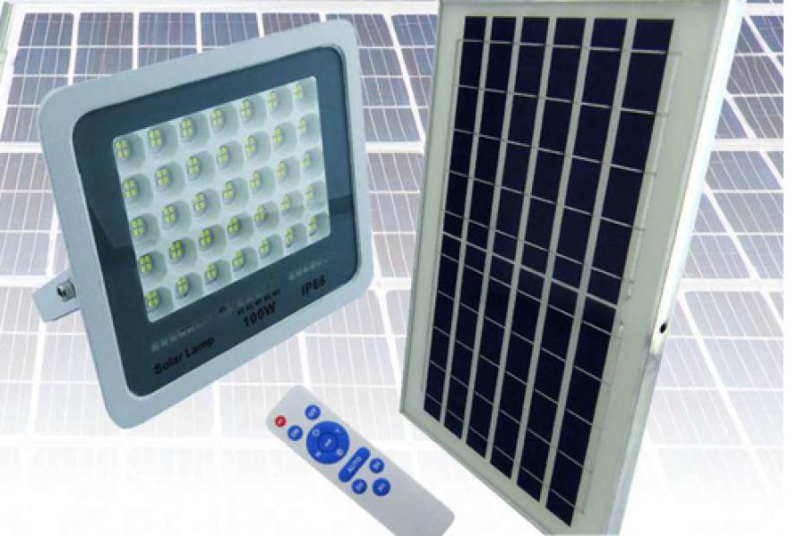 PROYECTOR SOLAR LED 100 WATT, 140 LED C. REMOTO EN METAL E INDICADOR DE CARGA