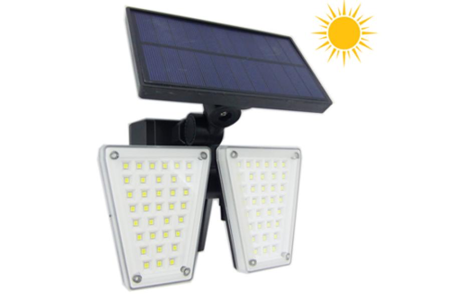 Proyector Solar LED Doble Mini, 60 Watt, Articulado, PVC, Con Sensor. En Caja.