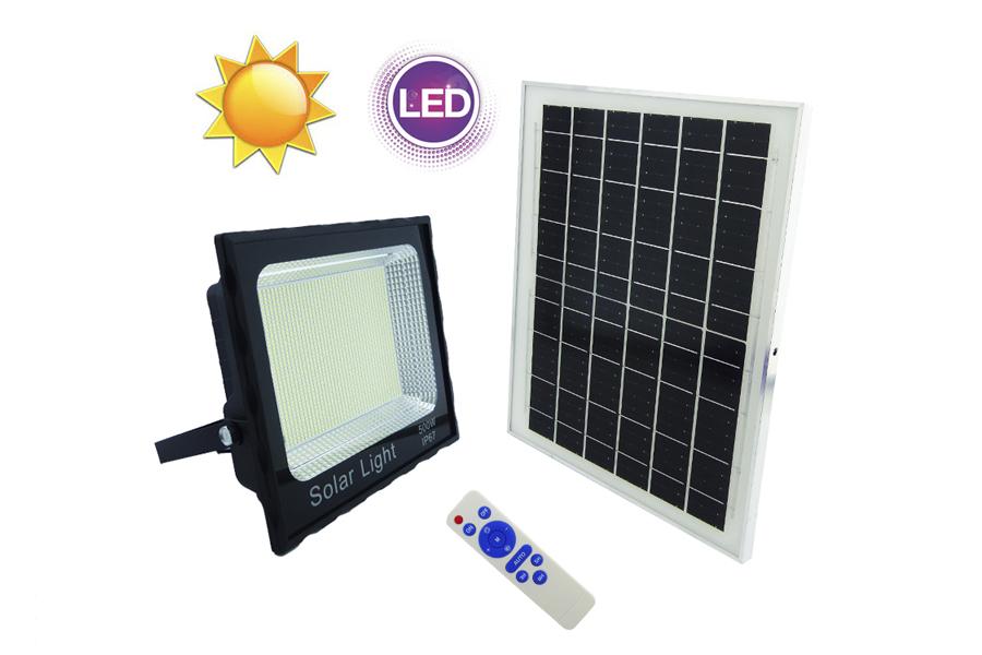 Proyector Solar LED De 500 Watt En PVC Con Panel De 1672 LED, Luz Blanca Y Control Remoto.